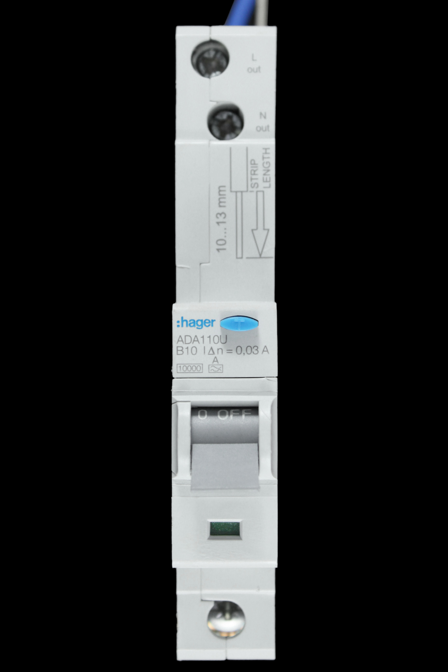 HAGER 10 AMP CURVE B 10kA 30mA RCBO TYPE A 104532 ADA110U
